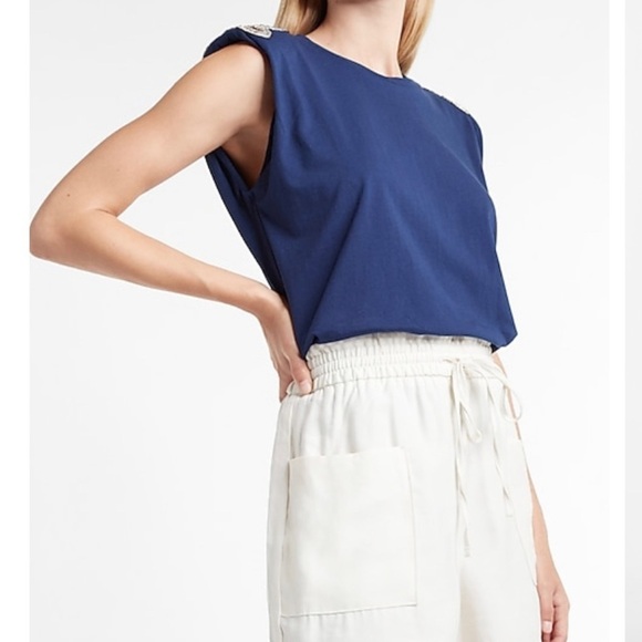 Express Navy Embellished Padded Shoulder Crew Neck Tee - Picture 3 of 14